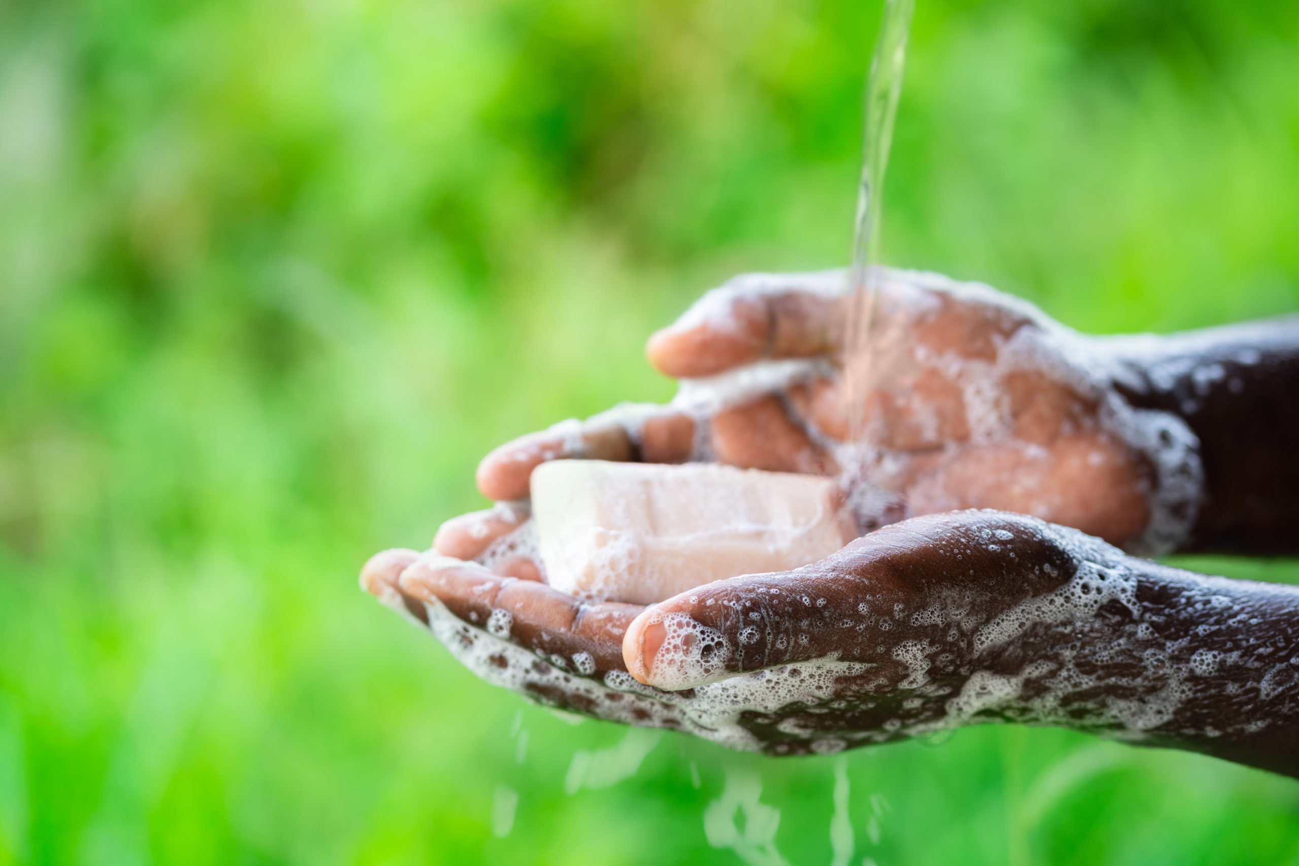 Hands holding soap with water