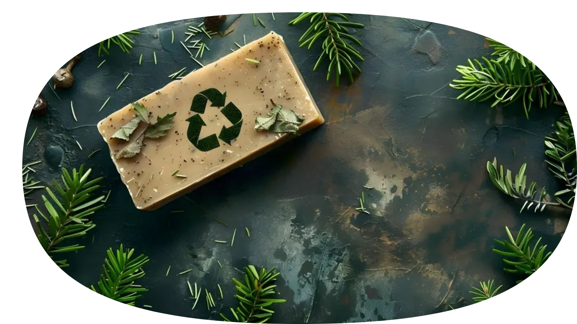Recycled soap bar with recycling symbol surrounded by pine needles